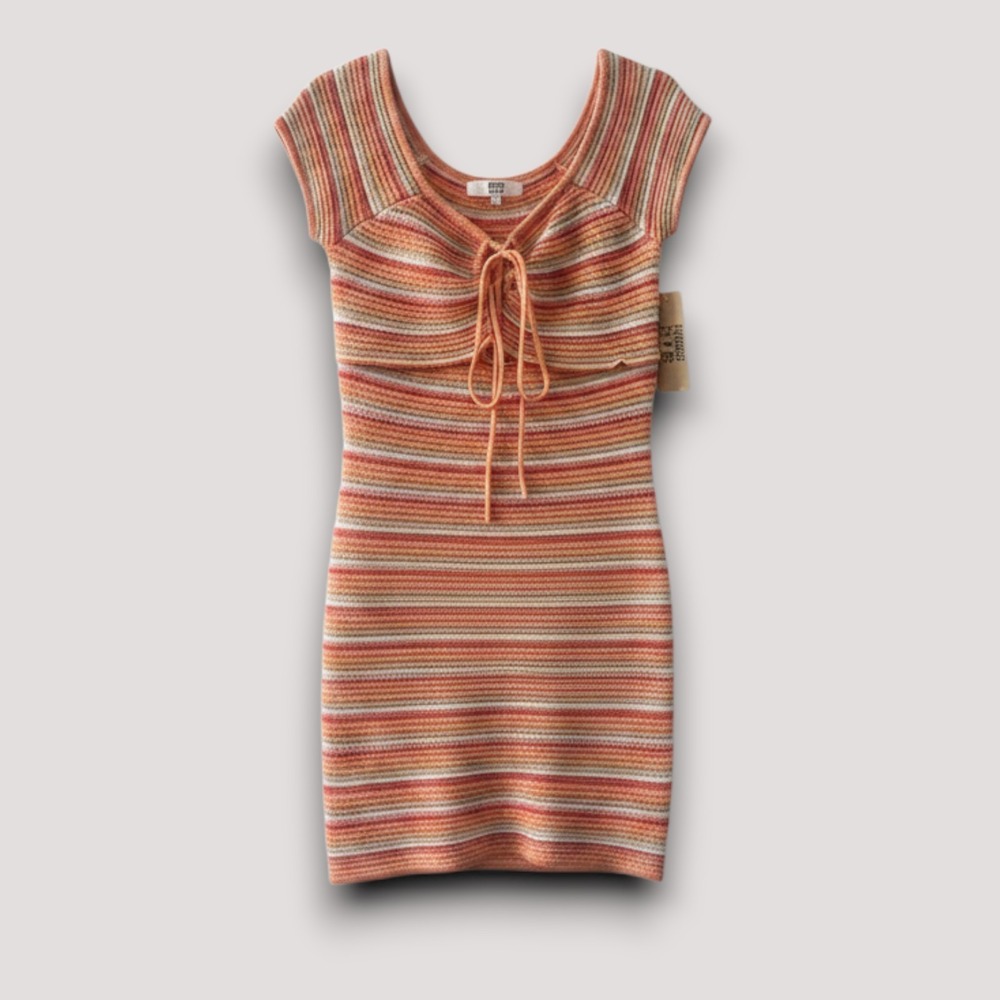 Madden NYC Sweater Dress Women L Orange Striped Crochet Mini NWT 70s Retro